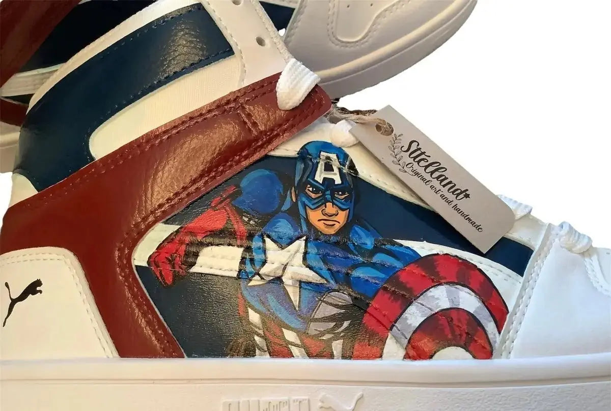 Hand Painted Artwork - Puma Tennis shoes Captain America and Shield First Avenger - Marvel Sttelland Boutique