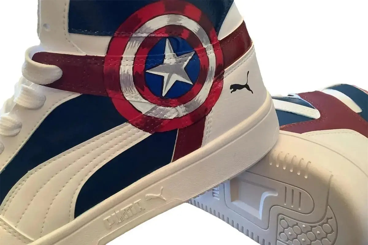 Hand Painted Artwork - Puma Tennis shoes Captain America and Shield First Avenger - Marvel Sttelland Boutique