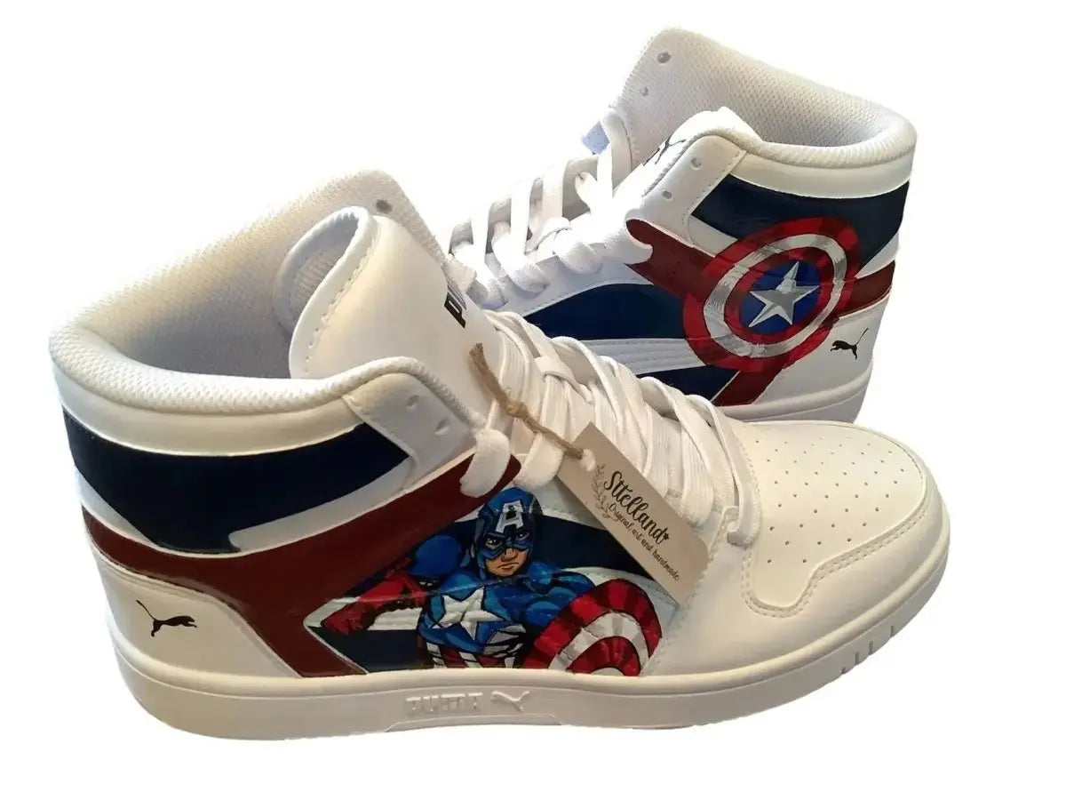 Hand Painted Artwork - Puma Tennis shoes Captain America and Shield First Avenger - Marvel Sttelland Boutique