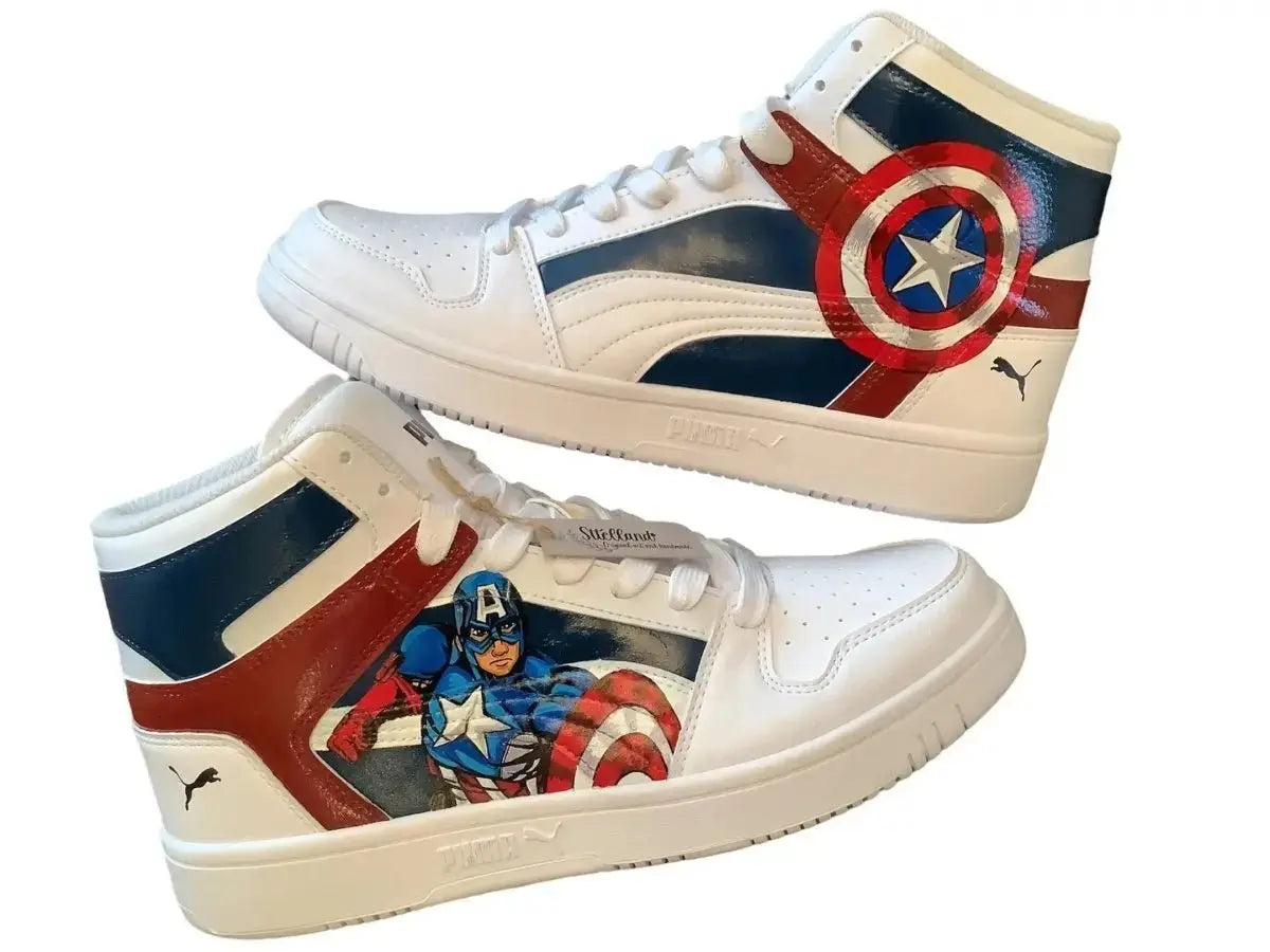 Hand Painted Artwork - Puma Tennis shoes Captain America and Shield First Avenger - Marvel Sttelland Boutique