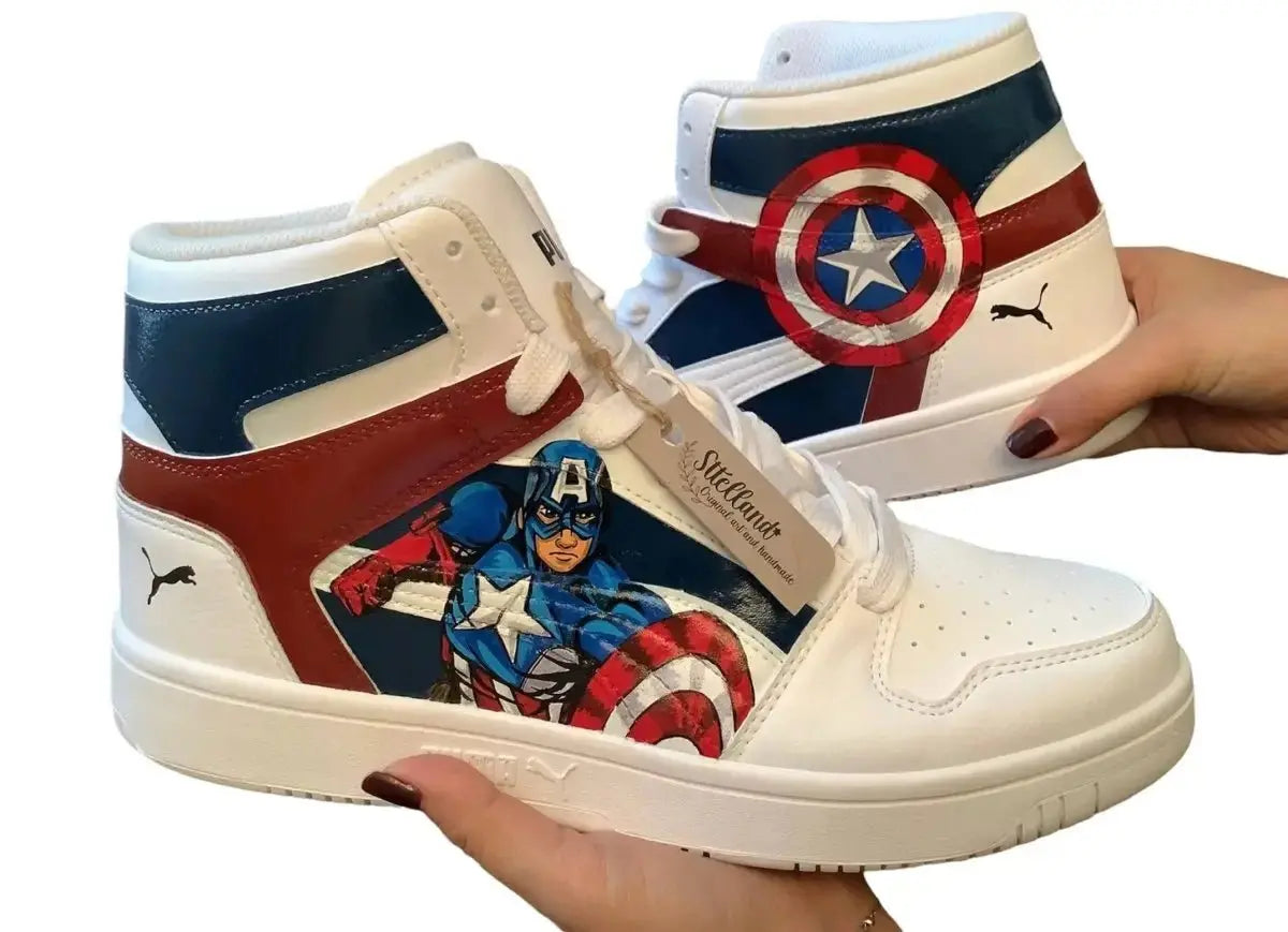 Hand Painted Artwork - Puma Tennis shoes Captain America and Shield First Avenger - Marvel Sttelland Boutique