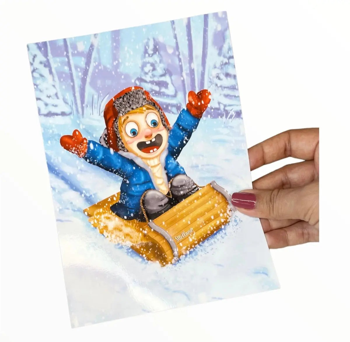 Boy playing with snow sled Boy playing with snow sled poster print Wall Art Sttelland Boutique