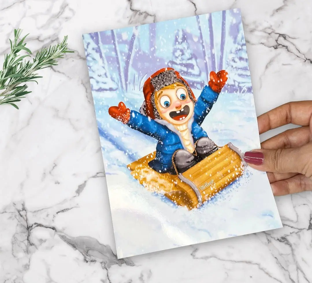 Boy playing with snow sled Boy playing with snow sled poster print Wall Art Sttelland Boutique